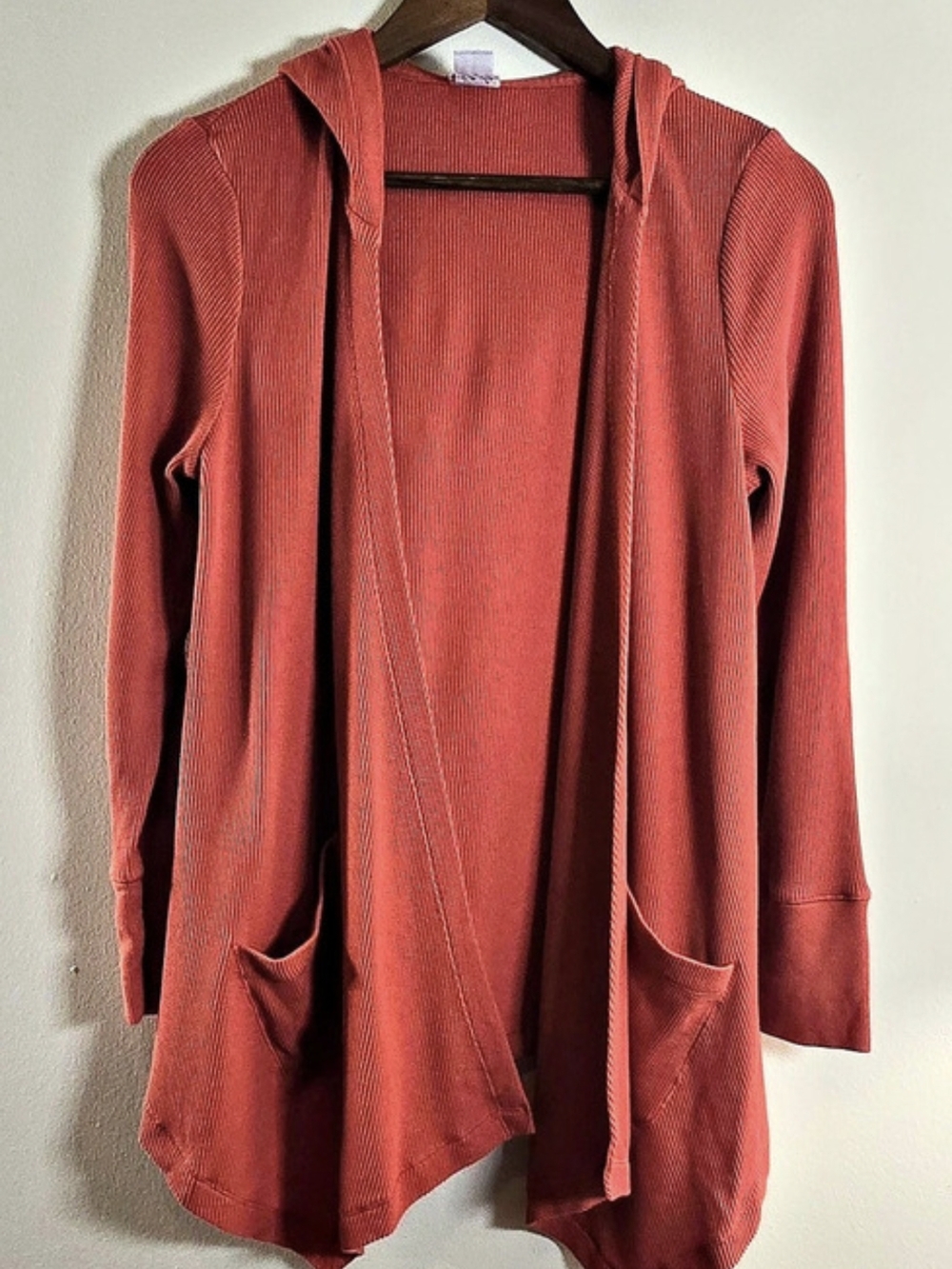 Chico's Zenergy Rust Red Waffle Knit Hooded Open Front Cardigan Size 0 / S